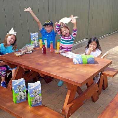 Heritage Large Wooden Picnic Table (Options: 5' L, 34 1/2" W, Side Benches, Unattached Benches, 1 Full Length Side Bench/Side, Forever Style Benches, Standard Tabletop, Slightly Rounded Corners, Standard Leg Flair, No Umbrella Hole, Transparent Premium Sealant). Photo Courtesy of karen phillips of San Diego, California.